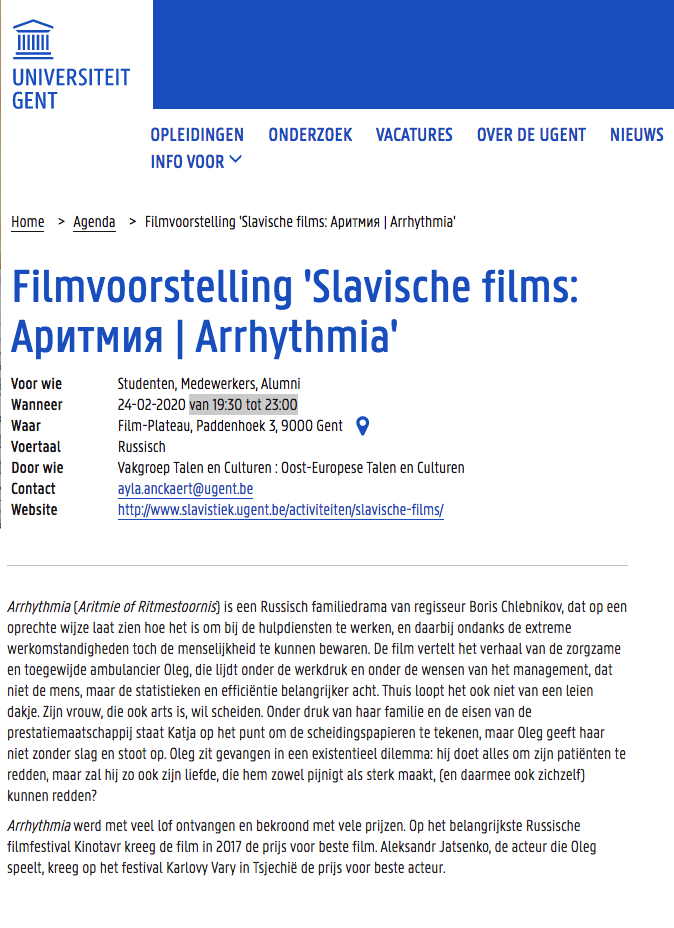 Page Internet. Filmvoorstelling Slavische films - Аритмия. Arrhythmia. 2020-02-24